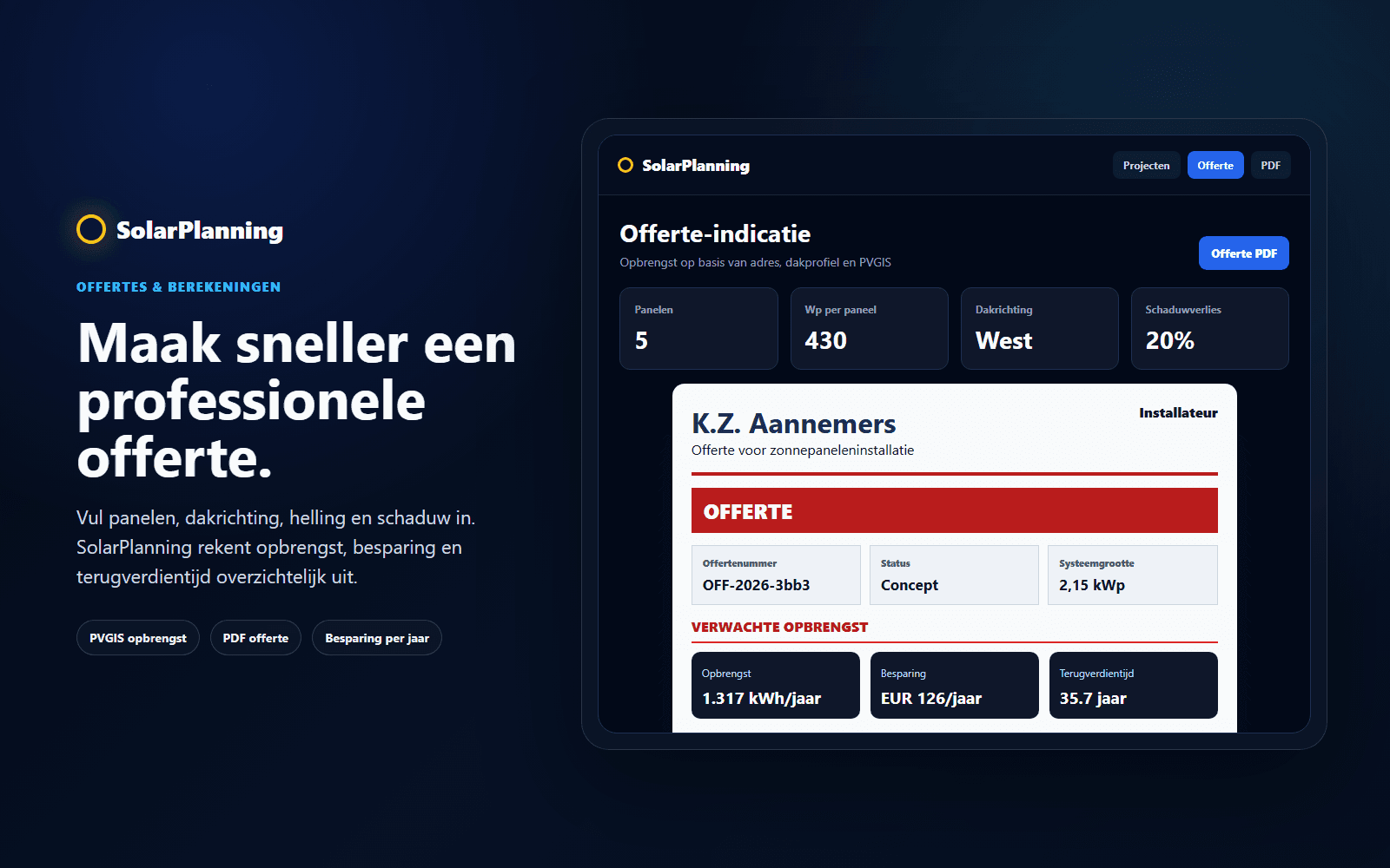 Offerte-indicatie met opbrengst en besparing in SolarPlanning